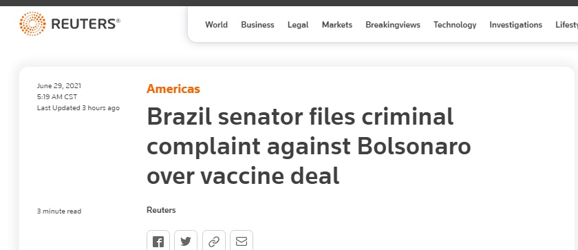 巴西阻挡派参议员要求观测总统在与印度公司疫苗交易中不妥行为，博索纳罗本人否定